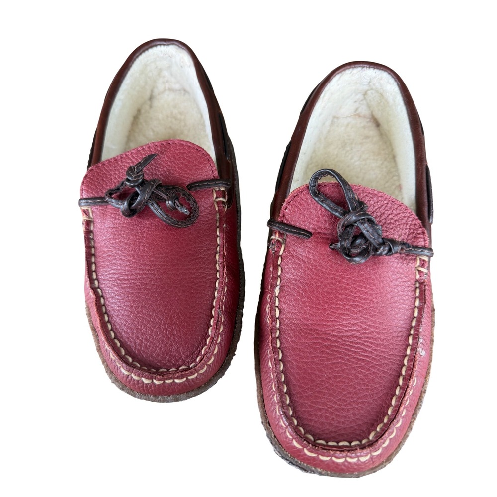 LL Bean Wicked Good Moccasins Red Pebbled Leather Shearling Slippers Womens 7 M